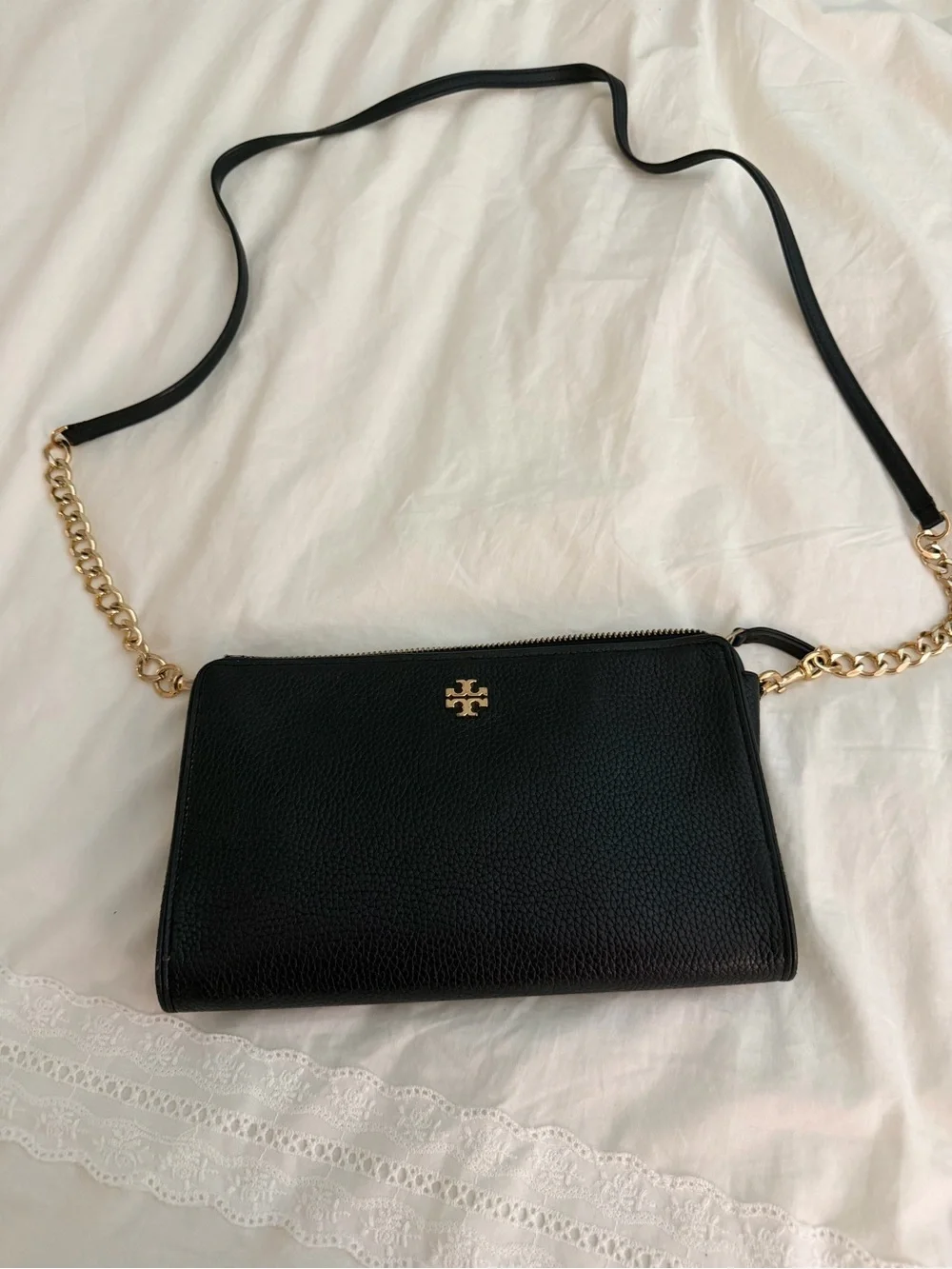 Tory Burch Black Pebbled Leather Crossbody with Gold Logo